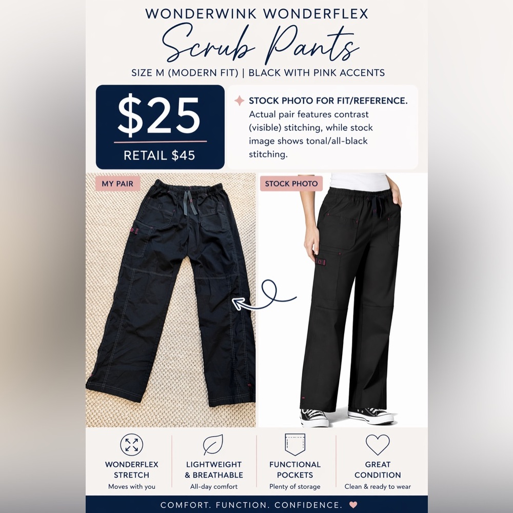 WonderWink Black Cargo Scrub Pants with Contrast Stitching